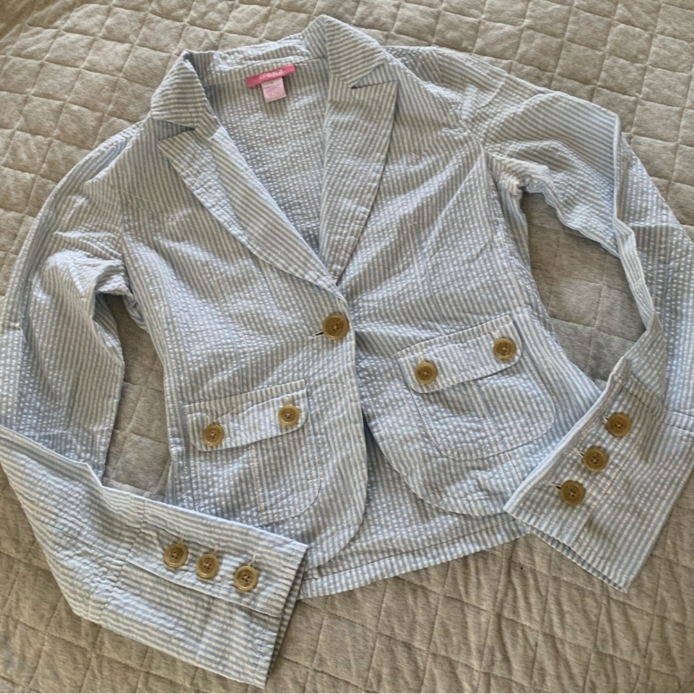 Rare 100% Cotton Vintage Y2K seersucker preppy blazer jacket blouse cute buttons